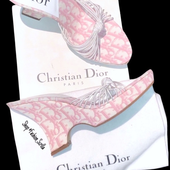 DIOR Vintage John Galliano Pink White Monogram Logo Trotter Platform Sandal Heel - Picture 6 of 14